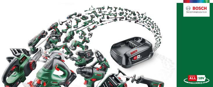 Bannière promotionnelle Bosch power for all une seule batterie pour tous vos outils