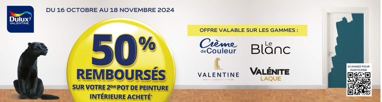 Offre de remboursement DULUX VALENTINE -50% sur le 2ème pot de peinture intérieure acheté