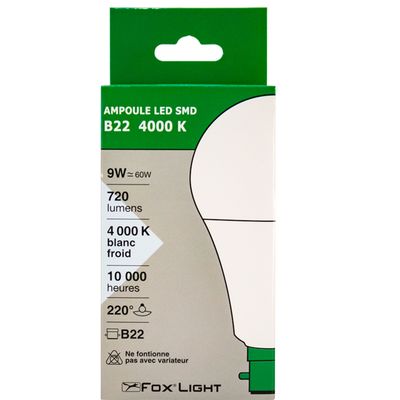 Ampoule LED standard B22 9 W 720 lumens blanc froid FOX LIGHT, 1258990, Ampoule, luminaire et eclairage