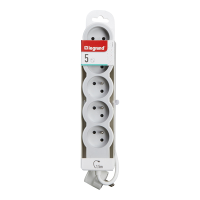 Multiprise parafoudre avec interrupteur 5 prises + + 2 chargeurs USB-A et C  Legrand blanc et gris 1.5 m