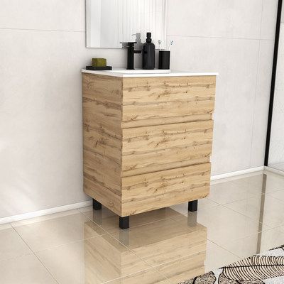 Meuble de salle de bains sur pieds 3T Timber chêne naturel vasque céramique blanche L 60 cm AURLANE