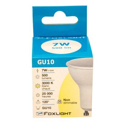 Ampoule LED spot GU10 7W=500 lumens blanc chaud