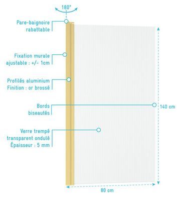 Pare-baignoire rabattable verre ondulé profilés or brossé 140 x 80 cm Wave AURLANE