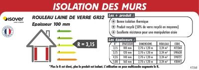 Rouleau de laine de verre ISOVER Murs GR32 kraft 140 mm L. 2,7 x l.1,20 m