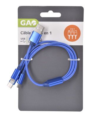 Câble chargeur USB nylon 3 en 1 universel 30 cm