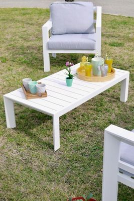 Salon de jardin détente SAKURA pour 7 personnes en aluminium blanc et gris