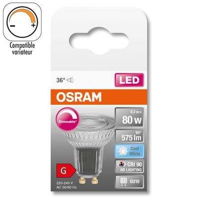 Ampoule LED spot variable  GU10 80W=575 lumens blanc neutre OSRAM