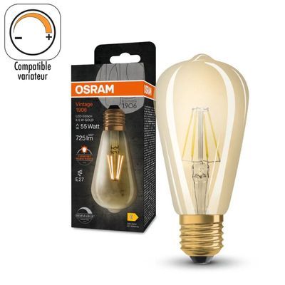 Ampoule LED Edison 1906 filament ambrée variable E27 7 W = 725 lumens blanc chaud OSRAM