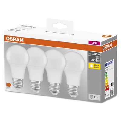 Ampoule LED standard E27 8,5W = 806 lumens blanc chaud par 4 OSRAM