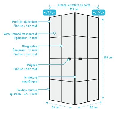 ACCES D'ANGLE  PAROIS PIVOTANTES CLEAN LINE NOIRE 80X80X190 CM AURLANE