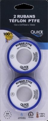 Ruban téflon PTFE 12 mètres ep.0,075 mm x l.12 mm par 2 QUICK PLOMBERIE