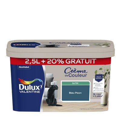 Peinture Crème de Couleur Bleu Paon satin 2,5 l + 20 % - DULUX VALENTINE