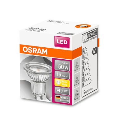 Ampoule LED Spot GU10 120° 4.3 W = 350 lumens blanc chaud Superstar OSRAM