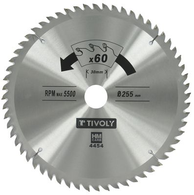 Lame de scie circulaire de finition 60 dents diamètre 255 mm alésage 30 mm TIVOLY