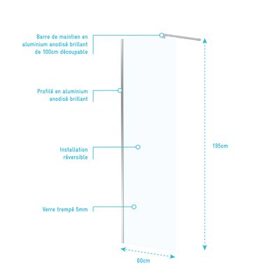 Paroi de douche Essentiel avec profilé chrome 60 x 195 cm AURLANE