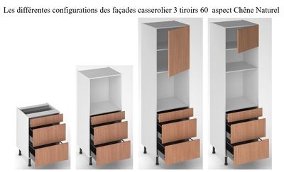 Façade de cuisine 1 tiroir + 2 casseroliers chêne naturel 60 cm pour meuble