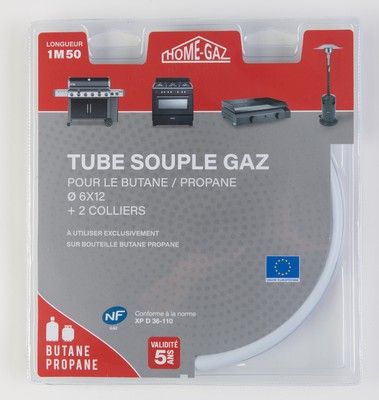 Tube souple pour gaz butane / propane avec 2 colliers 1,5 m validité 5 ans HOME-GAZ