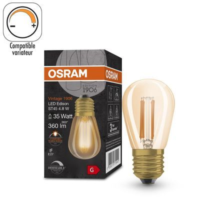 Ampoule LED mini Edison E27 Ambrée variable 4,8W=360 lumens Blanc chaud OSRAM