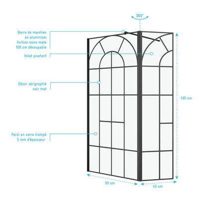 Paroi de douche Déco avec porte pivotante 90+40x195cm Sérigraphié AURLANE