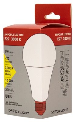 Ampoule LED standard E27 9W=720 lumens blanc chaud FOX LIGHT