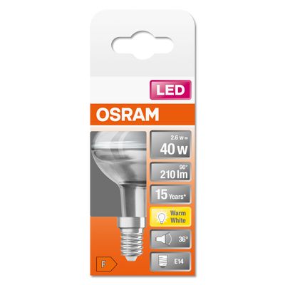 Ampoule LED E14 R50 2.6W = 210 lumens blanc chaud OSRAM