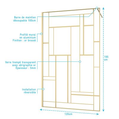Paroi de douche à l'italienne sérigraphié Art déco or brossé 120x195 cm AURLANE