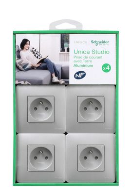 4 prises 2P+T complètes aluminium - Unica SCHNEIDER ELECTRIC