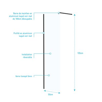 Paroi de douche Essentiel avec profilé noir 50 x 195 cm AURLANE