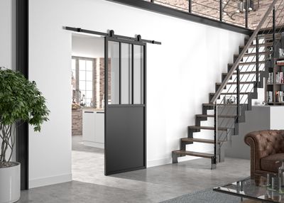 Porte coulissante noire style industriel H.204 X l.83 cm avec rail apparent OPTIMUM