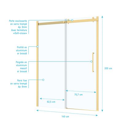 Paroi de douche Rolling or brossé 140 x 200 cm AURLANE