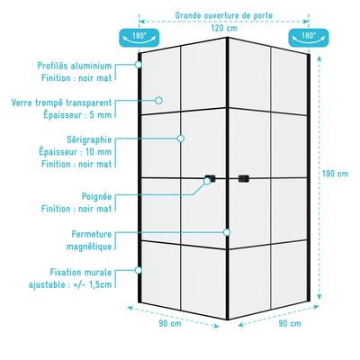 ACCES D'ANGLE PAROIS PIVOTANTES CLEAN LINE NOIRE 90X90X190 CM AURLANE