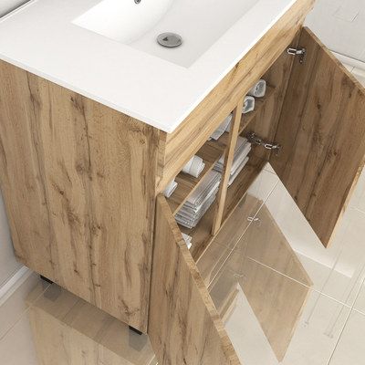 Meuble de salle de bains sur pieds 2P Timber chêne naturel vasque céramique blanche L 80 cm AURLANE