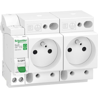 Disjoncteur divisionnaire 16A courbe C 3kA embrochable + 2 prises - Resi9 XE SCHNEIDER ELECTRIC