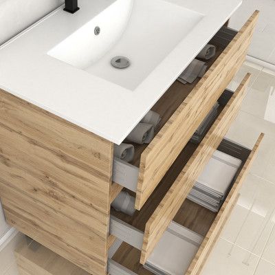 Meuble de salle de bains sur pieds 3T Timber chêne naturel vasque céramique blanche L 80 cm AURLANE