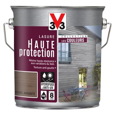 Lasure bois Haute Protection intérieure extérieure couleur cèdre argenté 2,5 l V33