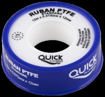 Ruban téflon PTFE 12 mètres ep.0,075 mm x l.12 mm par 2 QUICK PLOMBERIE