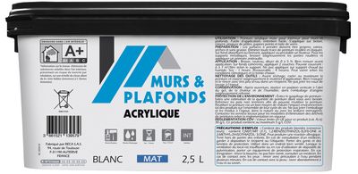 Peinture acrylique pour murs et plafonds blanc mate 2,5 l