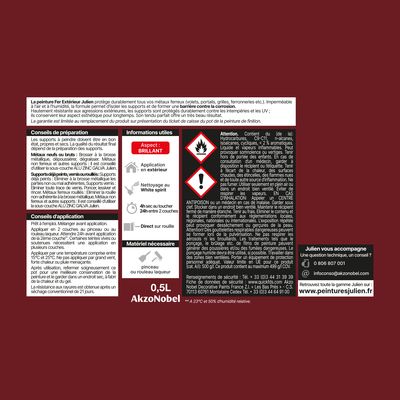 Peinture fer antirouille rouge Basque RAL 3004 satin 500 ml JULIEN