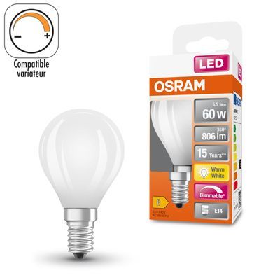 Ampoule LED Sphérique E14 Dépolie variable 5,5W=806 lumens Blanc chaud OSRAM