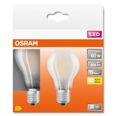 Ampoules LED standard dépoli E27 7 W = 806 lumens blanc chaud Retrofit Classic par 2 OSRAM