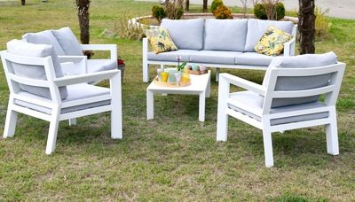 Salon de jardin détente SAKURA pour 7 personnes en aluminium blanc et gris