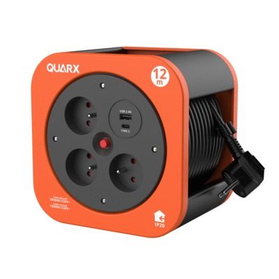 Enrouleur électrique 12m 3 prises avec 2 prises USB A et C Orange- SBOX