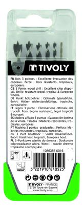 Mèches bois 3 pointes graduées diamètre de 3 à 8 mm par 5 TIVOLY