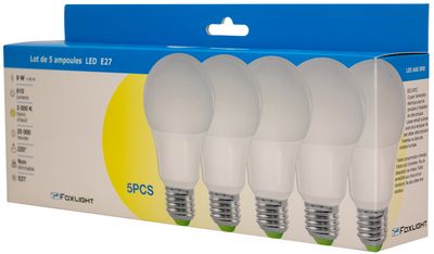 Lot de 5 ampoules LED standard E27 9W = 810 lumens blanc chaud - FOXLIGHT