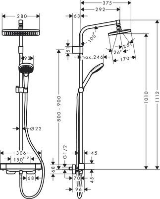 Colonne de douche 1 jet avec mitigeur thermostatique chromé Croma E 280 Hansgrohe