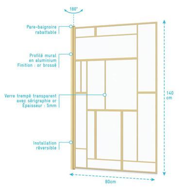 Pare-baignoire rabattable or brossé 140 x 80 cm Art Déco rectangle AURLANE