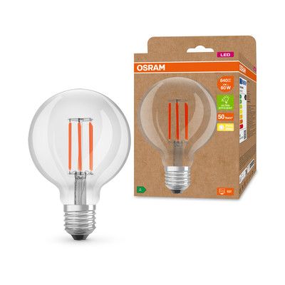 Ampoule LED Globe E27 Filament clair 3,8W=806 lumens Blanc chaud Classe A OSRAM