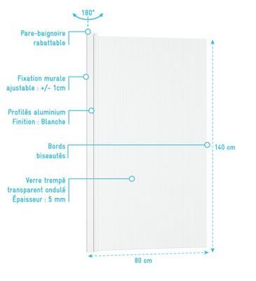 Pare-baignoire rabattable verre ondulé profilés blanc 140 x 80 cm Wave AURLANE