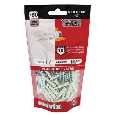 Chevilles autoforeuses Minivix avec vis 3 x 25 mm par 80 RED HEAD