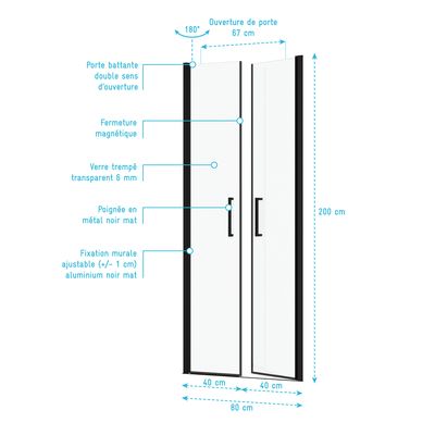 Porte de douche Saloon noir mat 80x200 cm AURLANE